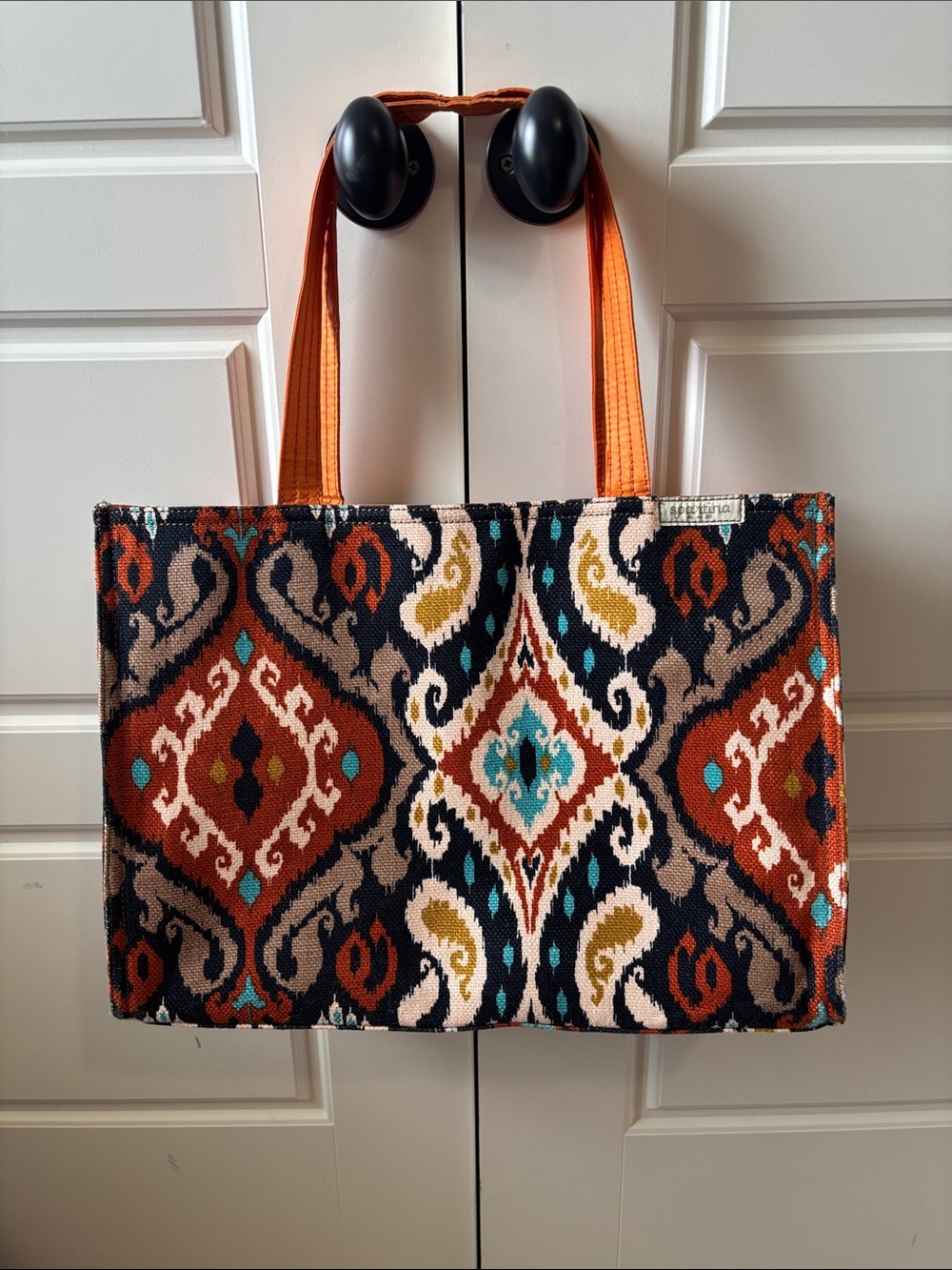 Spartina 449 Multicolor Ikat Tote with Orange Handles